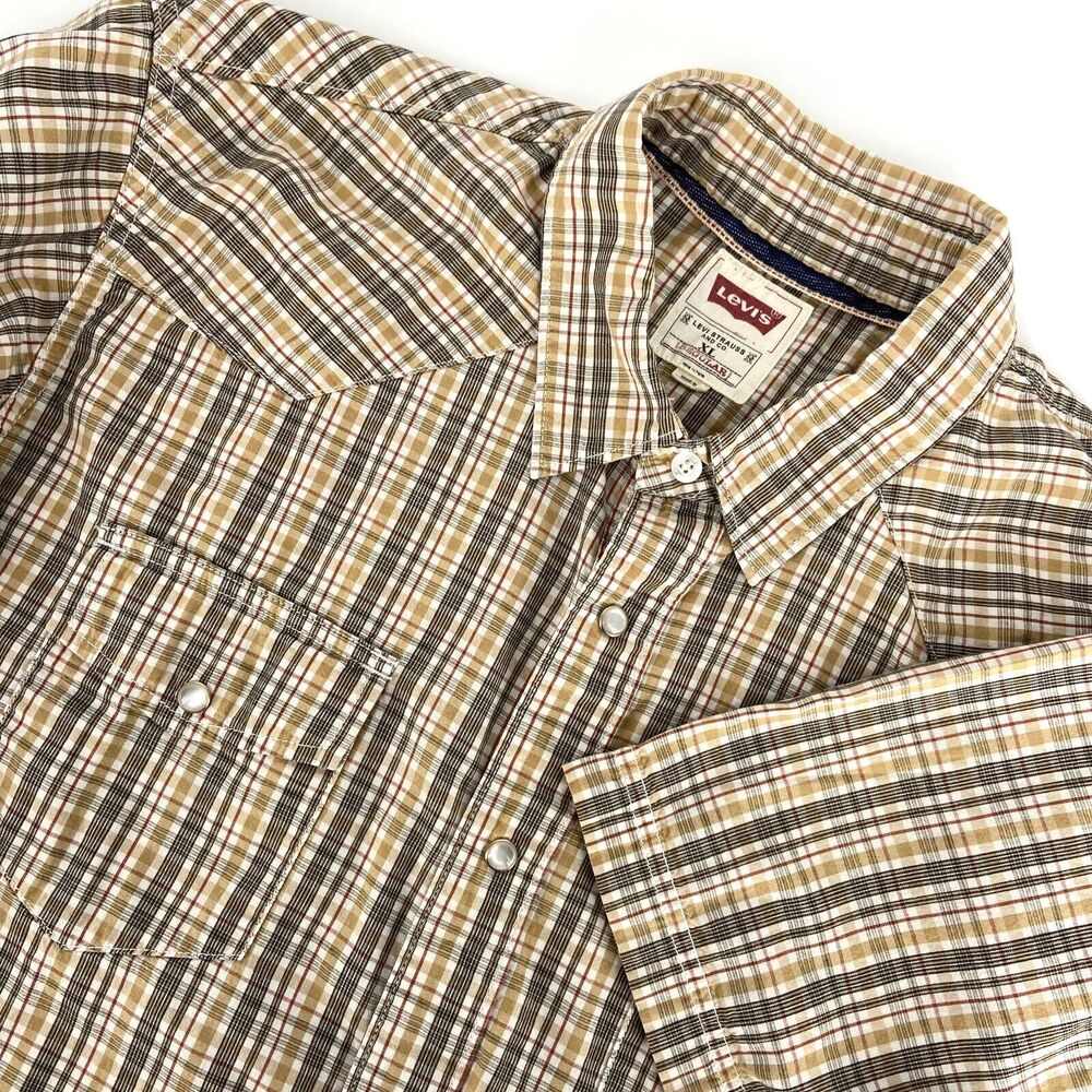 Levi's Men's Pearl Snap Shirt XL Yellow Plaid Short Sleeve Cotton Western Cowboy